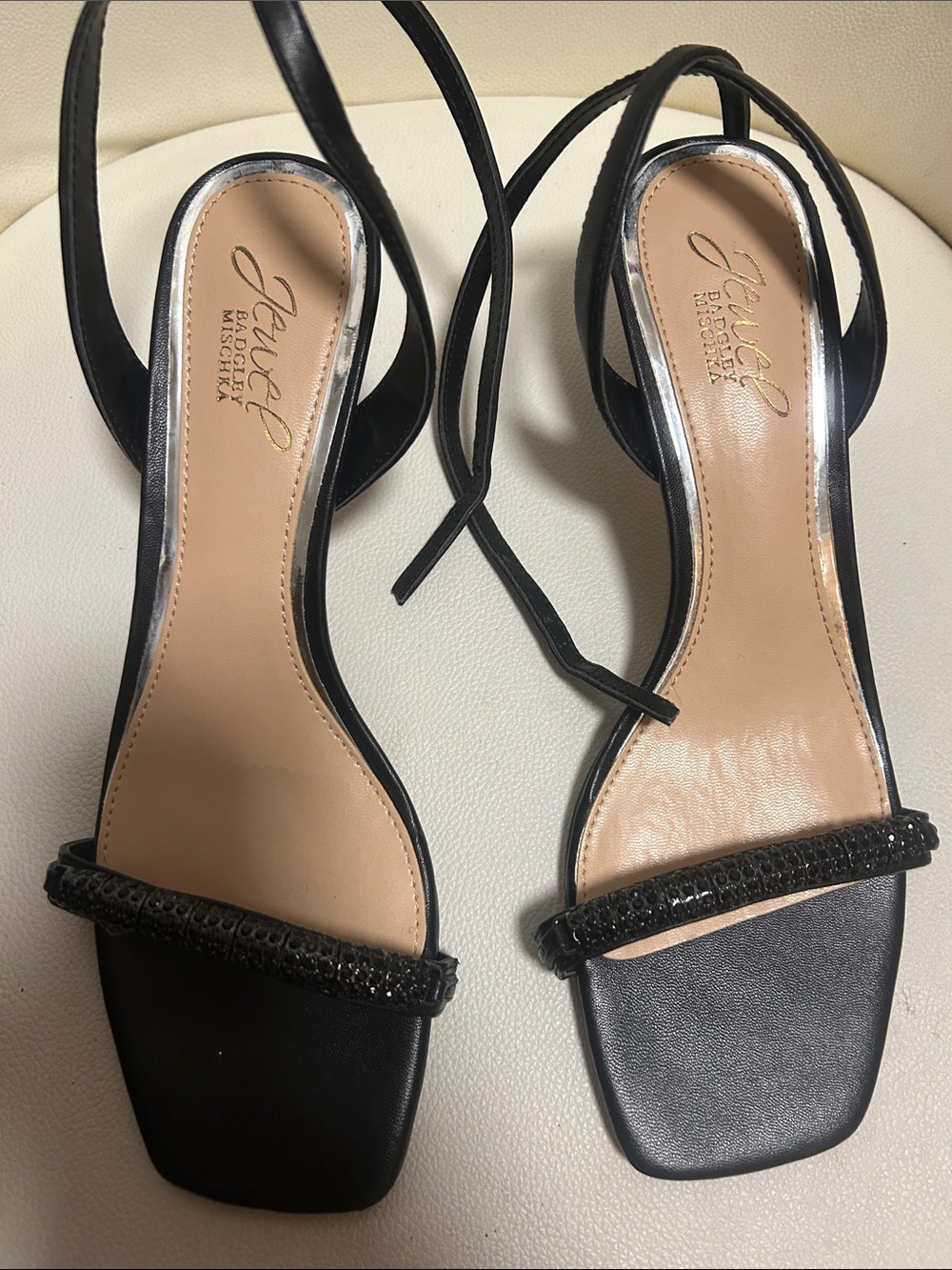 Badgley Mischka Black Beaded Open-Toe Slingback Heels